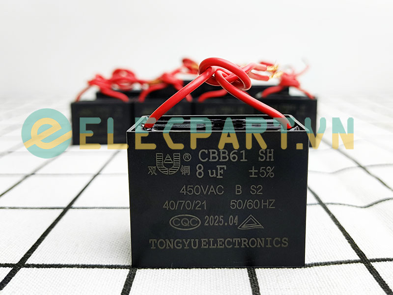 Tụ điện CBB61 8uF, 450VAC Dây cắm