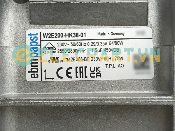 Quạt hút tủ điện EBMPAPST W2E200-HK38-01, 230V, 225x225x80mm