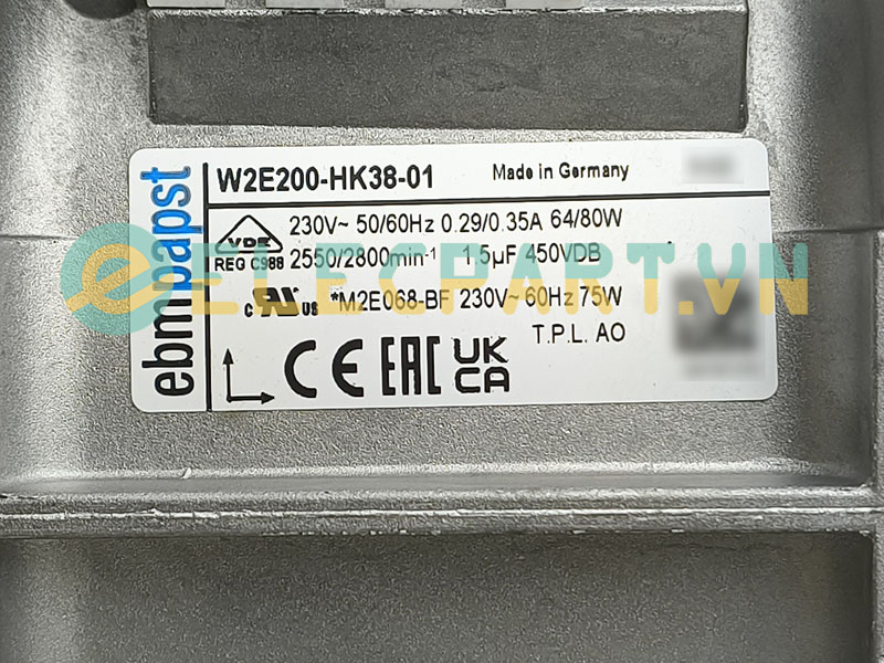 Quạt hút tủ điện EBMPAPST W2E200-HK38-01, 230V, 225x225x80mm