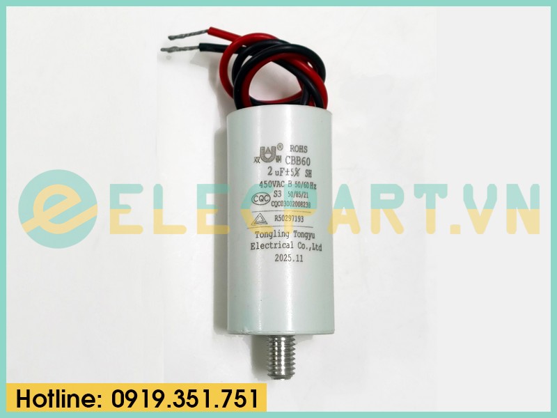 Tụ điện Tongyu CBB60 2uF, 450VAC, Dây cắm có ốc bắt