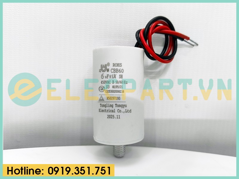 Tụ điện Tongyu CBB60 6uF, 450VAC, Dây cắm có ốc bắt