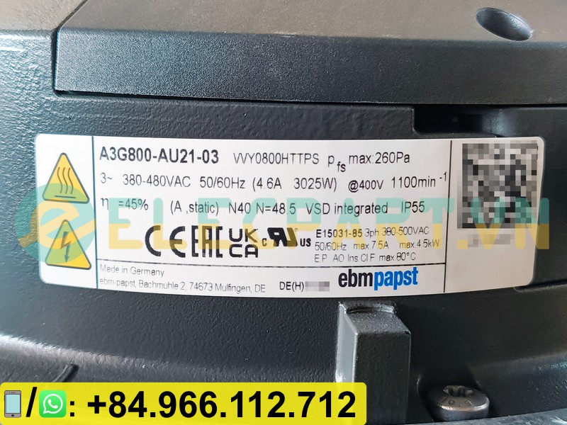 Quạt dàn ngưng EBMPAPST A3G800-AU21-03, 3 Pha, 380~480VAC, 800mm
