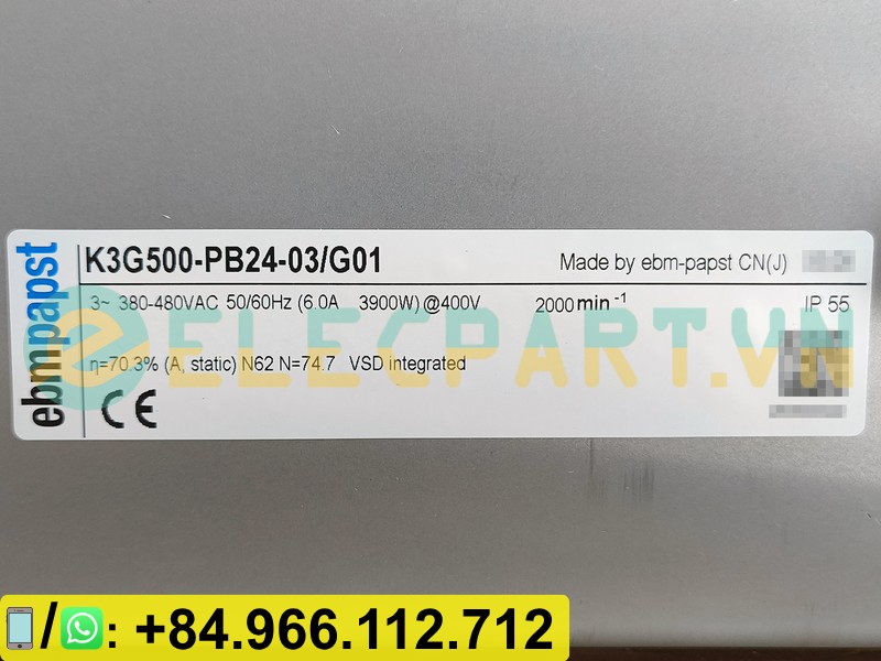 Quạt cho AHU EBMPAPST K3G500-PB24-03/G01, 3 Pha, 380~480VAC, 1300Pa, 15935m³/h