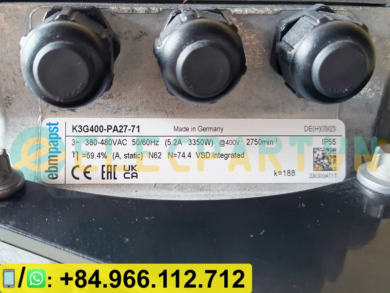 Quạt cho AHU EBMPAPST K3G400-PA27-71, 3 Pha, 380~480VAC, 1400Pa, 11200m³/h